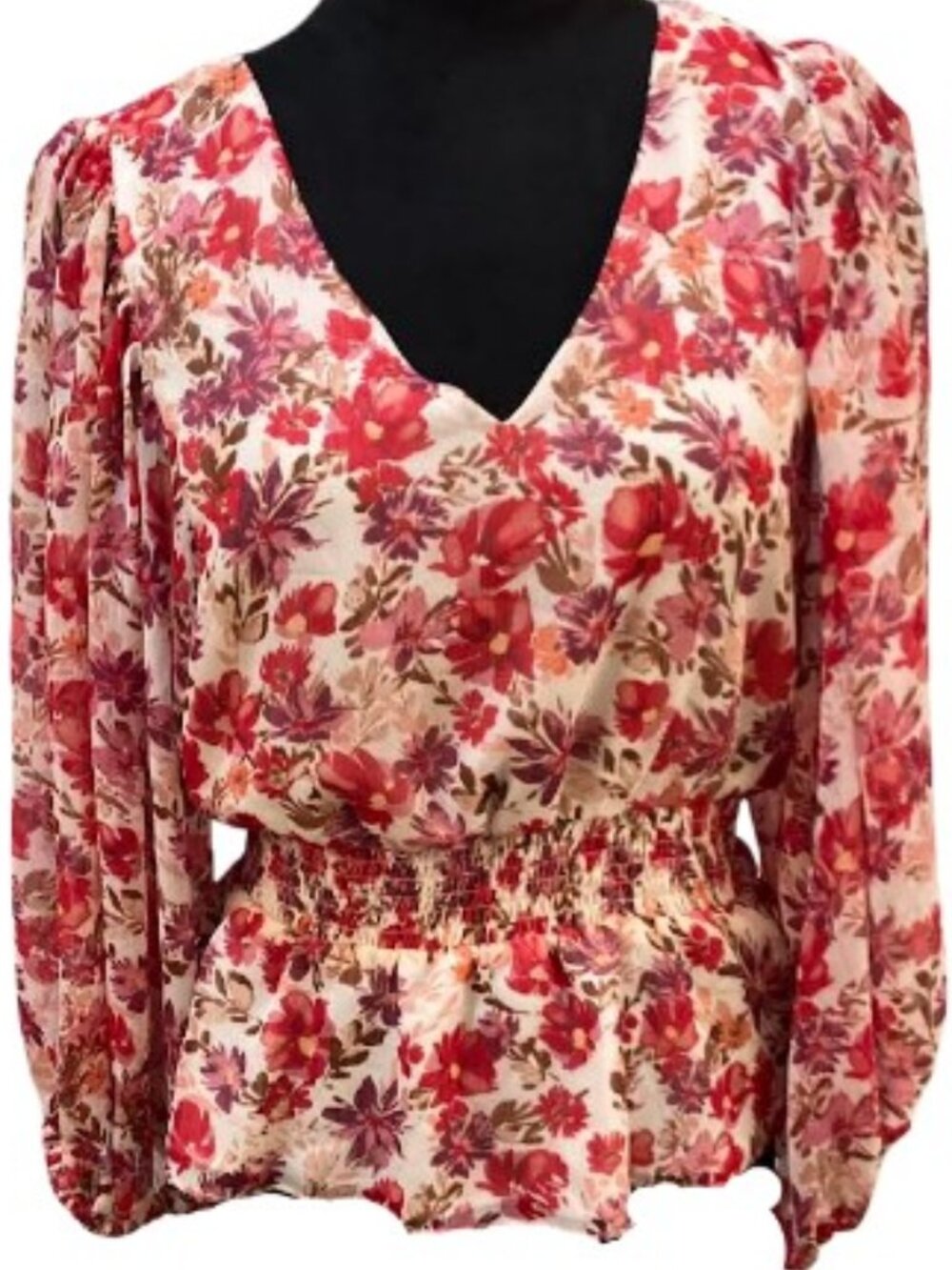 Sam and Jess Floral V-Neck Blouse  Smocked Waist  Casual Wear  Size PL  Like New - Picture 2 of 9